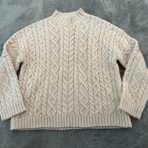 J. Crew Oversized Cream Cable Knit Mock Neck Sweater Women's MEDIUM Wool Alpaca